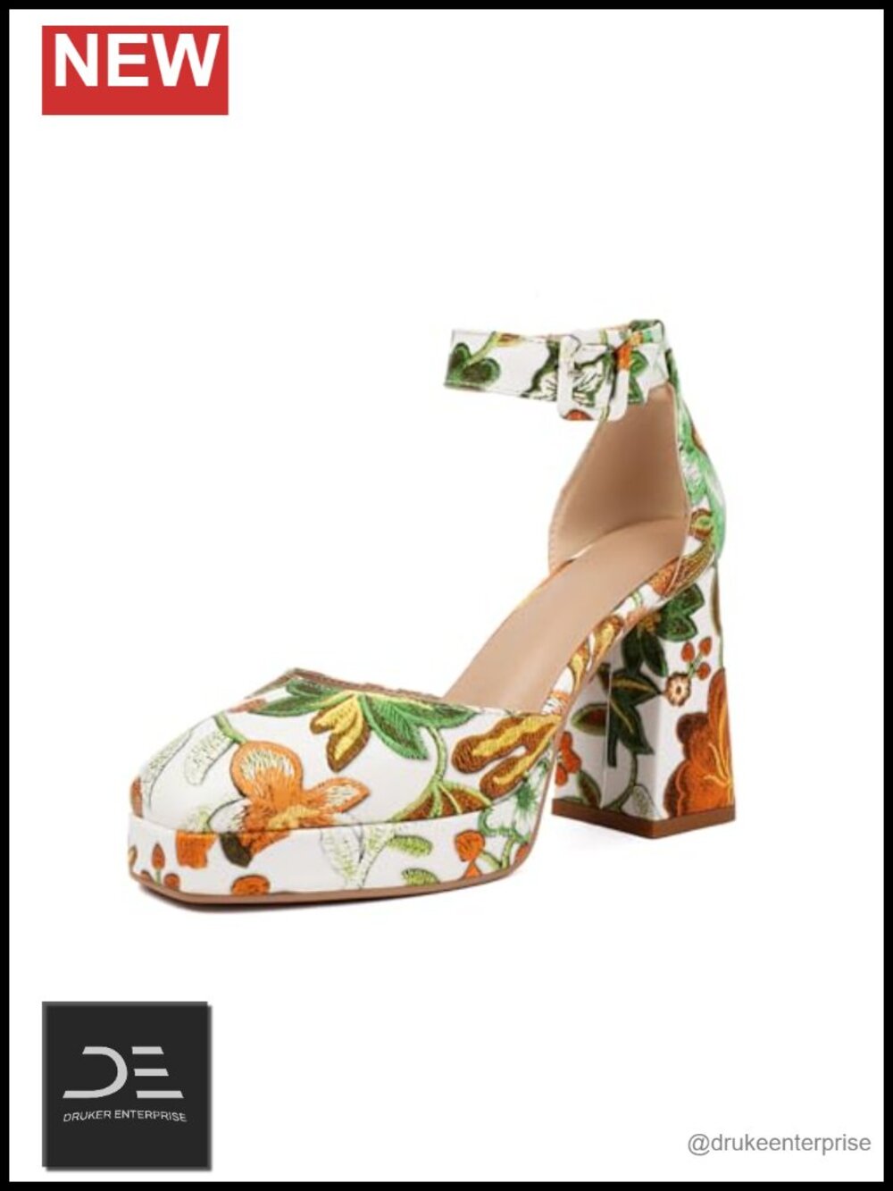 Floral Print Chunky Block Heel Pumps, Square Toe Slingback Dress Sandals,